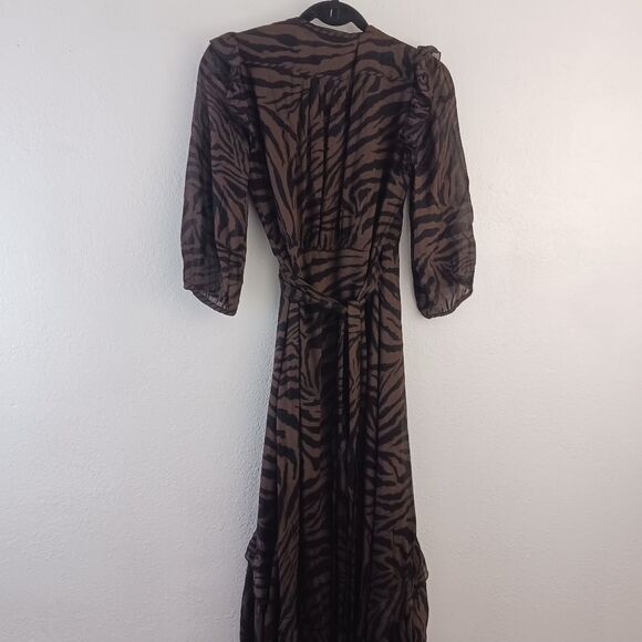 ba&sh Animal Print Selena Maxi high low Ruffle Zebra Print Dress Brown size XS - Picture 7 of 13